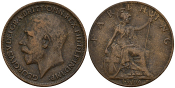 Великобритания 1 фартинг 1916 Георг V (1910-1936), темная отделка KM 808.1, Spink 4059 бронза 4158-517