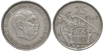 ИСПАНИЯ 25 ПЕСЕТ 1957 (59) ФРАНСИСКО ФРАНКО ДИКТАТОР ИСПАНИИ (1939-1975) KM 787 медно-никель 45-944