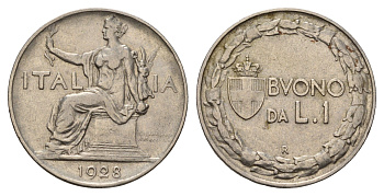 Италия 1 лира 1928 R, Виктор Эммануил III (1900-1946) KM 62 никель 181-125