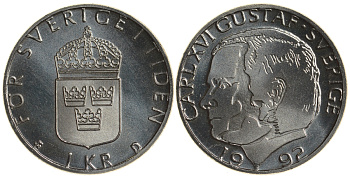 Швеция 1 крона 1992 Карл XVI Густав (1973- ) KM 852a медно-никель UNC 4179-1235