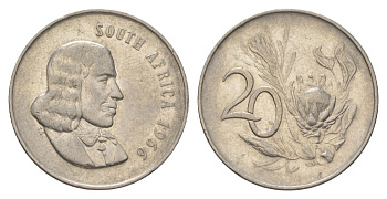 ЮАР 20 центов 1966 Ян ван Рибек (1619-1677), South Africa, легенда на африкаанс, цветок протея KM 69.1 никель 4626-751