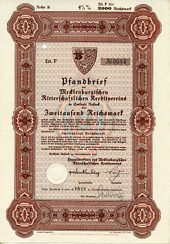 Германия 2000 рейхсмарок 1940 Мекленбургский рыцарский кредитный клуб, 4 1/2%, облигация   бумага   8803-45-1