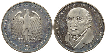 ФРГ 5 марок 1981 G, 150 лет со дня смерти Карла фон Штейна KM 155, J. 430 медно-никель плакированный никелем плакированный никелем PROOF 413-4412