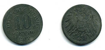 ГЕРМАНИЯ 10 ПФЕННИГОВ 1919 KM 26, J. 299 цинк 54-512