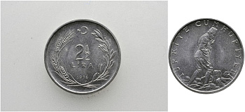 ТУРЦИЯ 2 1/2 ЛИРЫ 1976 KM 893.2 нержавеющая сталь 29-645