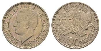 Монако 100 франков 1950 Ренье III (1949-2005) KM 133 медно-никель 4653-545