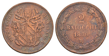 Папская область 2 байокко 1850 R, Пий IX (1846-1878) KM 1344 медь 633-413