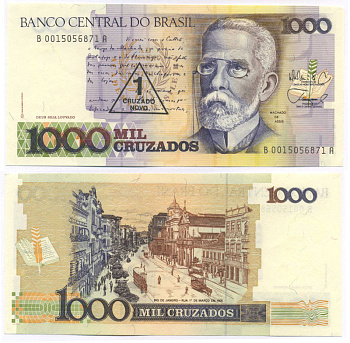 БРАЗИЛИЯ 1 КРУЗАДО 1989 СЕРИЯ В 0015, НАДПЕЧАТКА НА 1000 КРУЗАДО, МАЧАДО ДЕ АССИС Pick 216b бумага UNC (ПРЕСС) 7148-2-1
