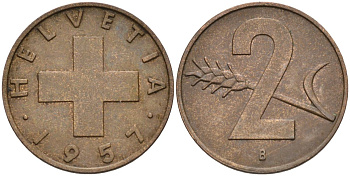 Швейцария 2 раппена 1957 В KM 47 бронза 4591-1126