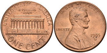 США 1 цент 1985 D, Линкольн KM 201b цинк плакированный медью 4580-419