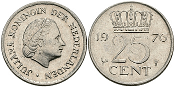 НИДЕРЛАНДЫ 25 ЦЕНТОВ 1976 ЮЛИАНА KM 183 никель 96-243
