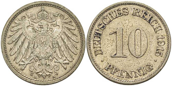 ГЕРМАНИЯ 10 ПФЕННИГОВ 1915 A KM 12, J. 13, Weege 8 медно-никель 212-317