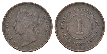 Стрейтс-Сетлментс (Стрейтс Сетлментс) 1 цент 1872 H, Виктория (1837-1901) KM 9 бронза 1518-314