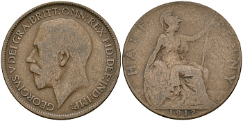 Великобритания 1/2 пенни 1912 Георг V (1910-1936) КМ 809 , Spink 4056 бронза    4110-431