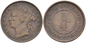 Стрейтс-Сетлментс 1/4 цента 1901 Виктория (1837-1901) KM 14 бронза 4044-214