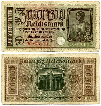 ГЕРМАНИЯ 20 РЕЙХСМАРОК 1940-1945 ДЛЯ ОККУПИРОВАННЫХ ТЕРРИТОРИЙ Pick R139 бумага 3295-66-3