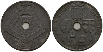 Бельгия 5 сантимов 1941 Belgie - Belgique, Леопольд III (1934-1947), германская оккупация, Вторая мировая война KM 124 цинк 4160-1125