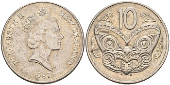 Новая Зеландия 10 центов 1987 Елизавета II (1952-2022), маска маори KM 61 медно-никель 4126-1233