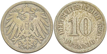 ГЕРМАНИЯ 10 ПФЕННИГОВ 1893 A KM 12, J. 13, Weege 8 медно-никель 261-1246