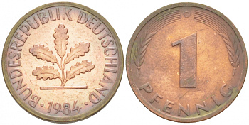 ФРГ 1 ПФЕННИГ 1984 D KM 105 J 380 сталь плакированная медью 3718-232