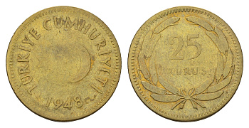 Турция 25 курушей 1948 KM 886 латунь 4675-656