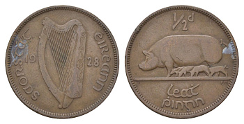 Ирландия 1/2 пенни 1928 свинья с поросятами KM 2 бронза 4622-616