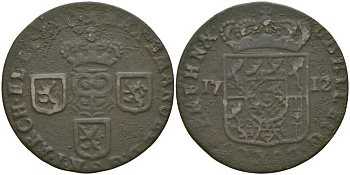 ИСПАНСКИЕ НИДЕРЛАНДЫ, НАМЮР (NAMUR) 1 ЛИАРД 1712 МАКСИМИЛЬЯН II ЭМАНУЭЛЬ БАВАРСКИЙ (1711-1714) KM 18 медь 65-823