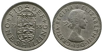 Великобритания 1 шиллинг 1955 Елизавета II (1952-2022), Английский герб KM 904, Spink 4147 медно-никель 4384-311