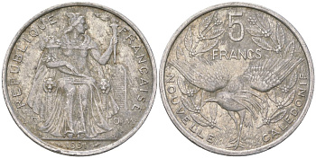 Французская Новая Каледония 5 франков 1991 птица кагу, (IEOM) KM 16, Schoen 12, Lec 79 алюминий 180-1124