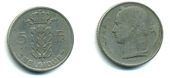 БЕЛЬГИЯ 5 ФРАНКОВ 1948 BELGIQUE KM 134.1 медно-никель 89-1734