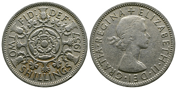 Великобритания 2 шиллинга (флорин) 1957 Елизавета II (1952-2022) KM 906, Spink 4146 медно-никель 4382-132