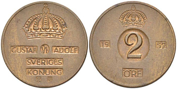 Швеция 2 эре 1957 TS, Густав VI Адольф (1950-1973) KM 821 бронза 4513-1253