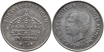 Швеция 1 крона 2003 Карл XVI Густав (1973- ) KM 894 медно-никель 3999-332