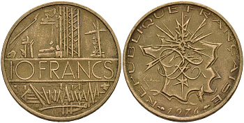 Франция 10 франков 1976 тип Матье KM 940, Le Franc 365.7-8 никель латунь 4150-823