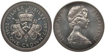 Остров Мэн 1 крона 1977 Серебряный юбилей правления королевы Елизаветы II, три короны KM 41 медно-никель UNC 1071-9-61