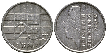 НИДЕРЛАНДЫ 25 ЦЕНТОВ 1994 БЕАТРИКС KM 204 никель 4383-1123