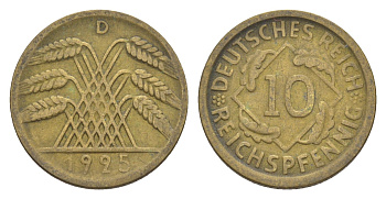 Германия 10 рейхспфеннигов 1925 D KM 40, J. 317 алюминиевая бронза 4640-358