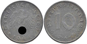 ГЕРМАНИЯ 10 РЕЙХСПФЕННИГОВ 1944 A KM 101, J. 371 цинк 4401-524