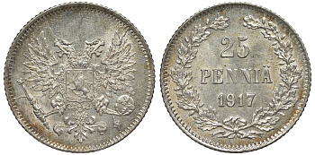Россия для Финляндии 25 пенни 1917 S, временное правительство, без короны KM 19, Биткин 2 серебро 75-1515