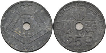 Бельгия 25 сантимов 1942 Belgique-Belgie, германская оккупация KM 131 цинк 4126-152