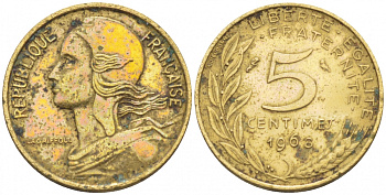 ФРАНЦИЯ 5 САНТИМОВ 1968 ТИП MARIANNE KM 933, LE FRANC 125.4 алюминиевая бронза 112-828