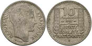 Франция 10 франков 1947 тип Пьер Турин KM 908.1, Le Franc 361.4 медно-никель 4120-1224