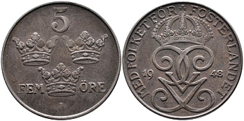 Швеция 5 эре 1948 Густав V (1907-1950) KM 812 железо 4389-135