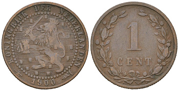 Нидерланды 1 цент 1900 Вильгельмина (1890-1948) KM 107 бронза 4154-726