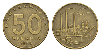 ГДР 50 пфеннигов 1950 А, фабрика KM 4 алюминиевая бронза 4615-244