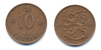 Финляндия 10 пенни 1929 республика (1918-1962) KM 24 медь 46-1645