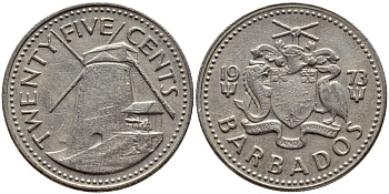 Барбадос 25 центов 1973 ветряная мельница Моргана Льюиса KM 13 медно-никель 4398-331