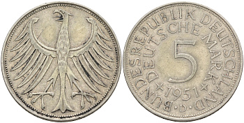 ФРГ 5 марок 1951 D, KM 112.1, J.387 серебро 4565-122