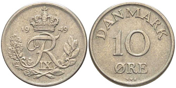 ДАНИЯ 10 ЭРЕ 1949 N;S, ФРЕДЕРИК IX (1947-1972) KM 841,1 медно-никель 201-1169