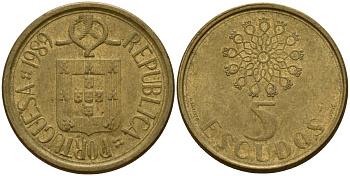 Португалия 5 эскудо 1989 KM 632 никель латунь 4156-612